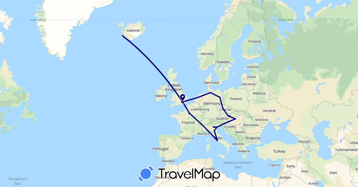 TravelMap itinerary: driving in Austria, Czech Republic, Germany, France, United Kingdom, Hungary, Iceland, Italy, Netherlands, Slovakia (Europe)